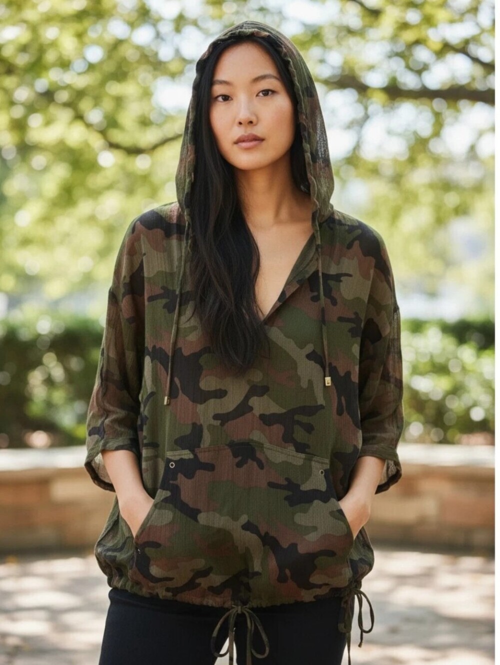 Michael Kors Camouflage Silk Georgette semi Sheer Pullover Hooded Blouse M